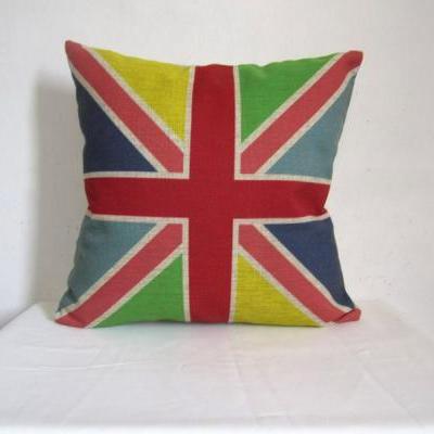 Decorative Linen Pillow Colorful Union Jack pillow England flag design throw pillow cushion cover/home decor/housewares 18"