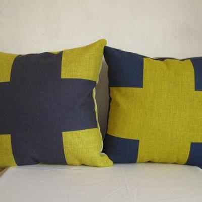 ON SALE 1 pair of blue yellow plus Linen  Pillow Cushion Cover Geometry Simple Pillowcase 18 by 18 inches