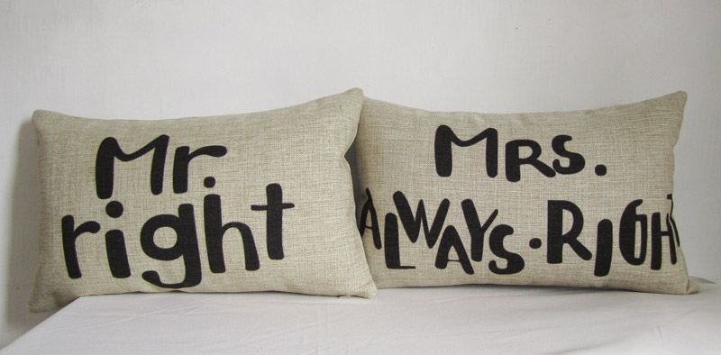 1 Pair of Mr.right Mrs.always right Wording Pillow Cushion Cover Linen Pillowcases Lumber Pillow Cover Car Pillowcase 30x50cm