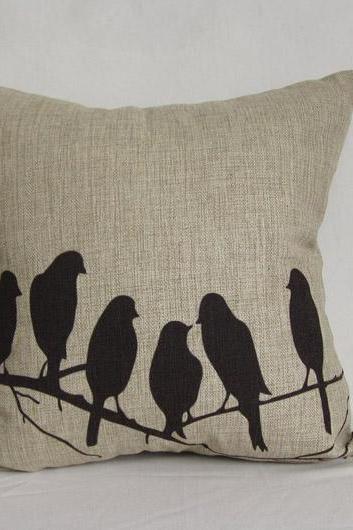 1 Handmade Sitting Birds On The Branches Linen Pillow Cushion Cover Decorative Pillowcase 45 X45cm